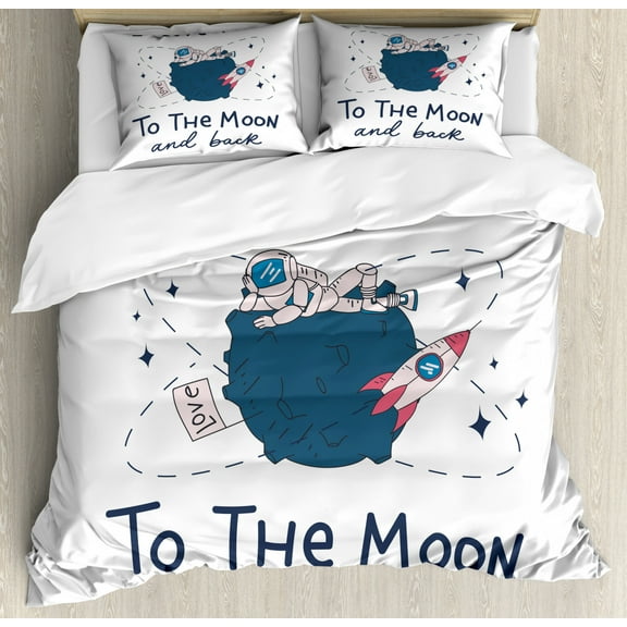 I Love You to the Moon and Back Duvet Cover Set Queen Size, Mission Love Planets Travel Spaceship Rocket, Decorative 3 Piece Bedding Set with 2 Pillow Shams, White and Slate Blue, by Ambesonne