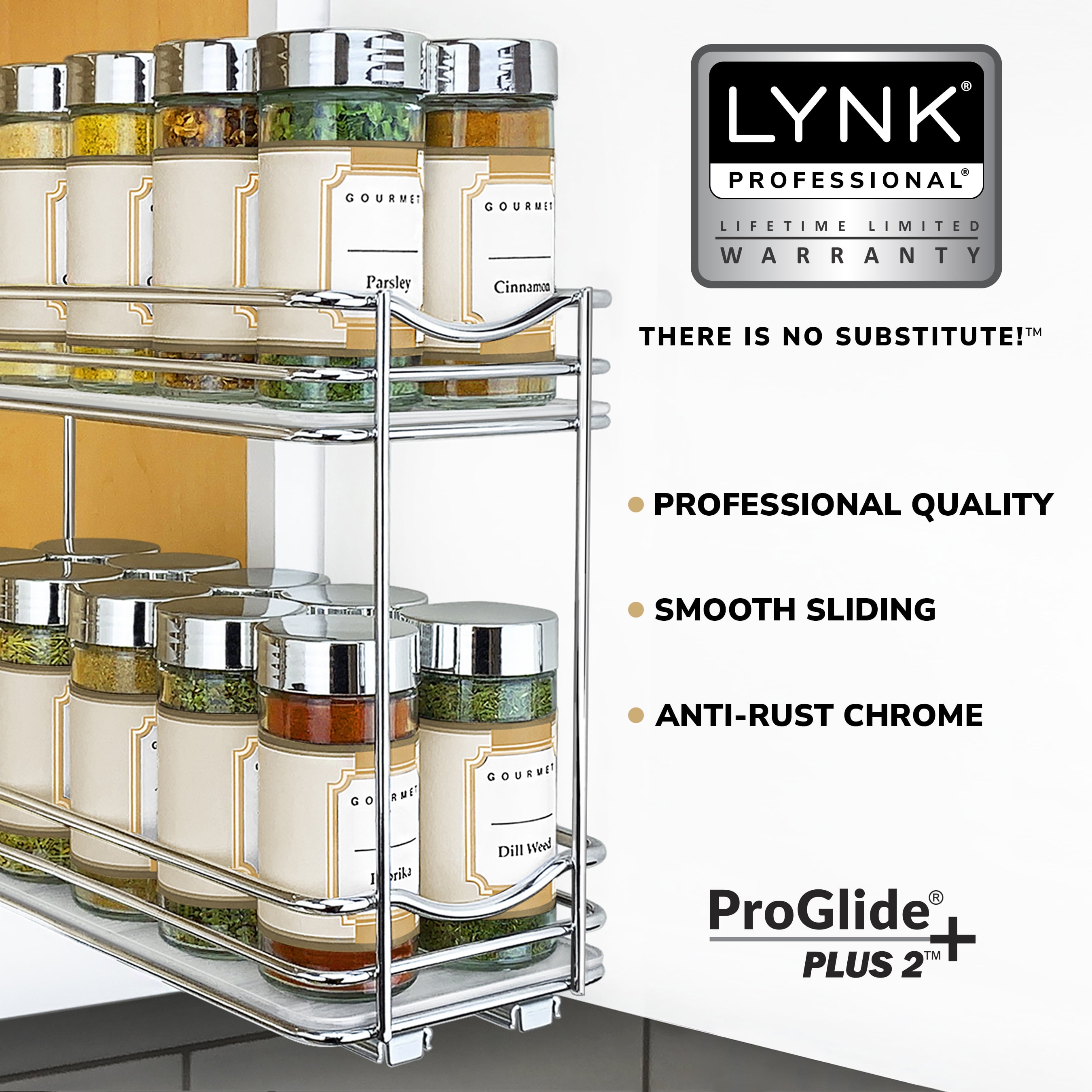 Lynk Professional Elite Pull Out Spice Rack Organizer for Cabinet, 4-1/4 in. Wide, Wood-Chrome, Silver