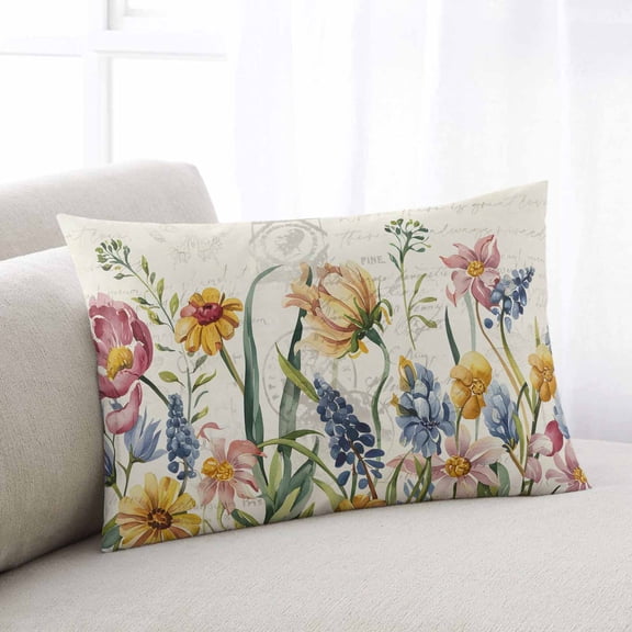 Colorful Flowers Small Pillow Covers, Spring Botanical Wild Florals Herbs Soft Breathable Throw Pillow Cases with Invisible Zipper, Decorative Pillowcase Pillows Protectors for Sofa Bed Chair 12"x20"