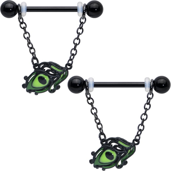 Body Candy 14G Womens Piercing Black PVD Steel 2Pc Peacock Feather Dangle Nipple Ring Set 5/8