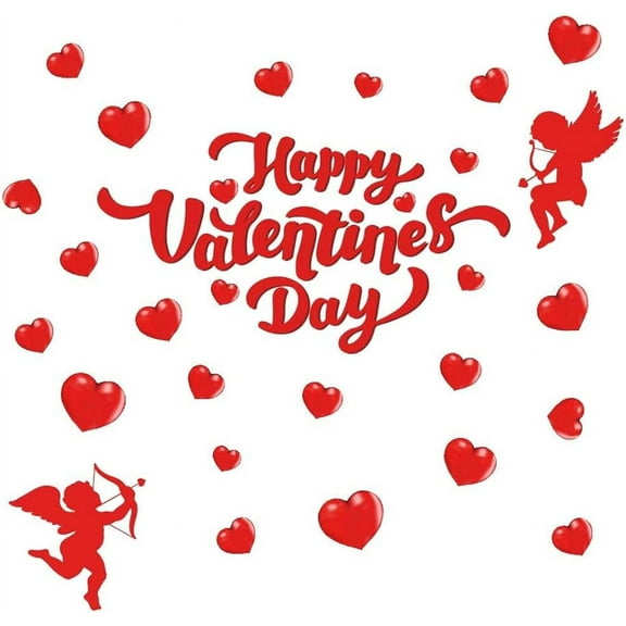 Happy Valentine's Day Wall Stickers Cupid Heart Shape Wall Decal Red DIY Vinyl Mural Art Symbol of Love Decor for Valentine's Day Bedroom Living Room Wedding Decor