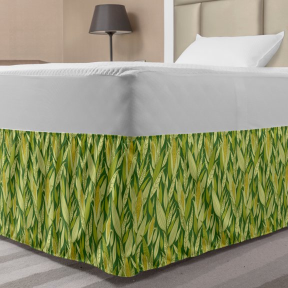 Garden Bed Skirt, Corn Plants Field with Leaves Agricultural Food Growth Farming Pattern, Elastic Bedskirt Dust Ruffle Wrap Around for Bedding Decor, 4 Sizes, Fern Green and Mustard, by Ambesonne