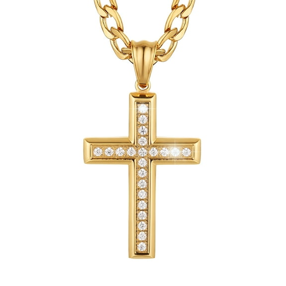 HZMAN 24K Gold-Plated Solid CZ Cross Necklace for Men Women Stainless Steel Religion Jewelry with 24 Inch Figaro Chain, Gold