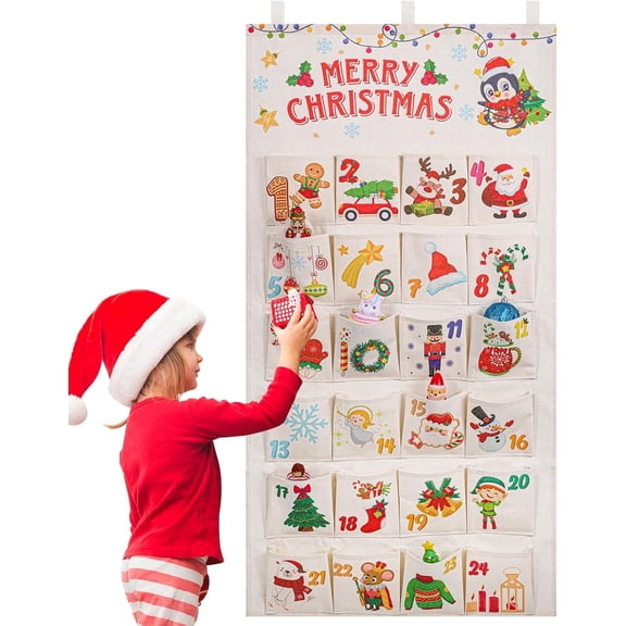 Fabric Christmas Advent Calendar (Countdown to Christmas), 24 Days Mystery Christmas Countdown Calendar with 24 Pockets for Xmas Holiday Home Wall Decoration