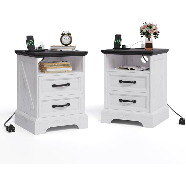 Farmhouse Nightstand with Charging Station Set of 2, Modern Rustic Large Bedside Table with 2 Drawers, Open Shelf, USB & Outlets for Bedroom Small Space, Freestanding End Table Bedside Cabinet