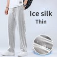 thumbnail image 4 of Men Pants Mid-Rise Elastic Waistband Sweatpants Drawstring Pocket Wide Leg Ribbed Ultra-Thin Ice Silk Casual Trousers Streetwear, 4 of 4