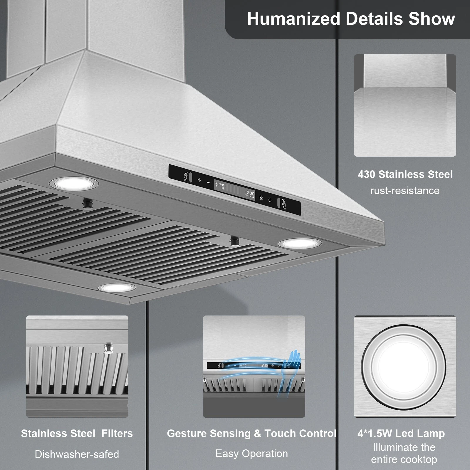 30 inch Island Range Hood 700 CFM Powerful Kitchen Vent Hood with Gesture Sensing & Touch Control 4 LED Lights
