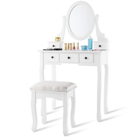 Costway Makeup Desk Vanity Dressing Table Set W Oval Mirror Stool 5 Costway Makeup Desk Vanity Dressing Table Set W Oval Mirror Stool 5 Storage Drawers