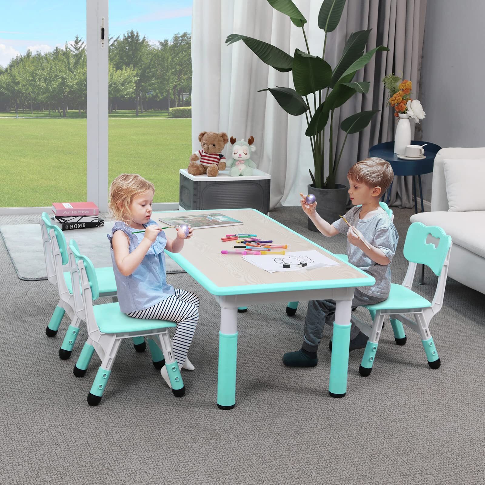 Kids Table and Chairs Set | Adjustable Height Toddler Furniture | Non-Toxic Wipe-Clean Surface | 4-Piece Classroom & Home Play Set