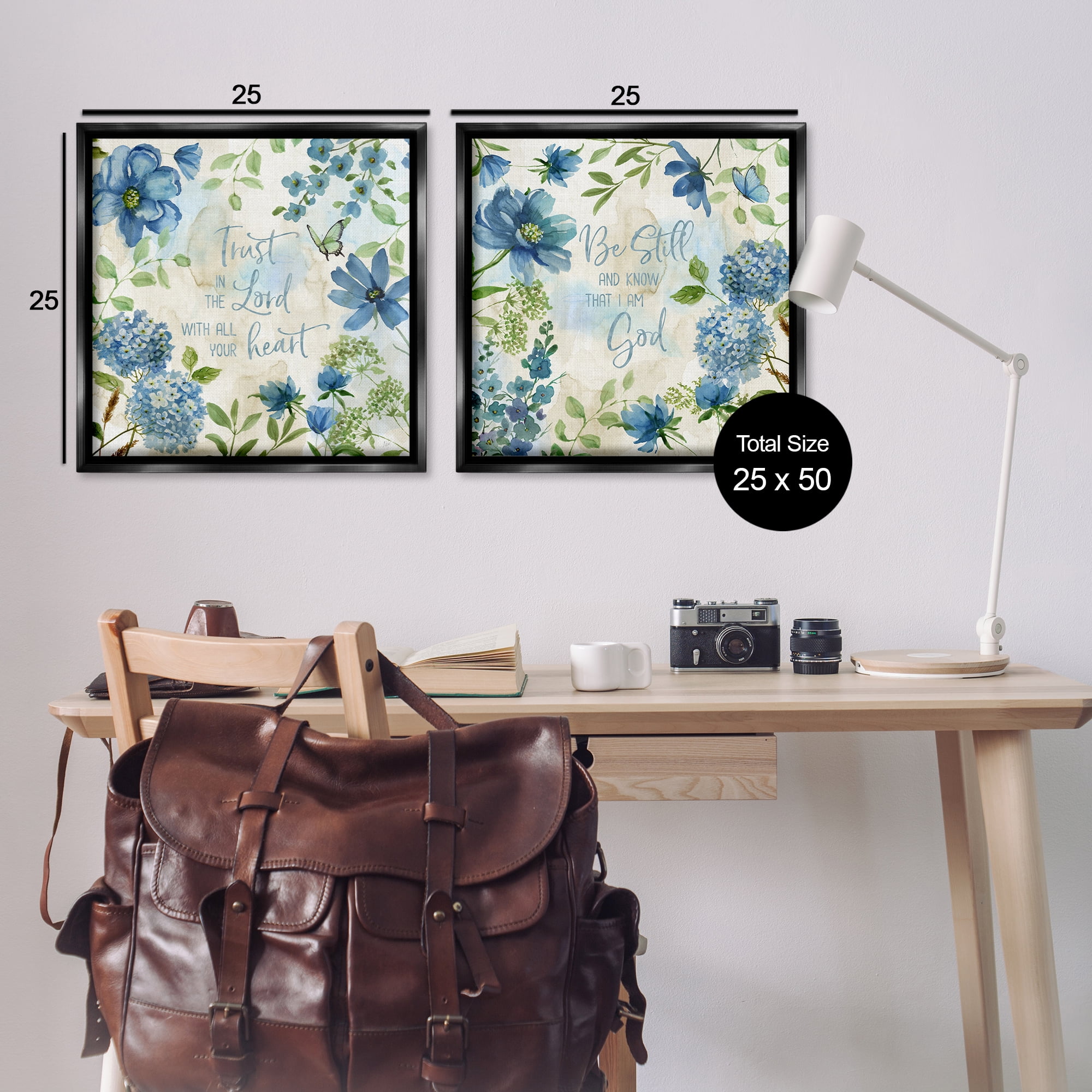 Stupell Industries Trust Be Still Blue Hydrangea Religious & Spiritual Painting Black Floater Framed Canvas Art Print Wall Art, 25 x 25, Set of 2