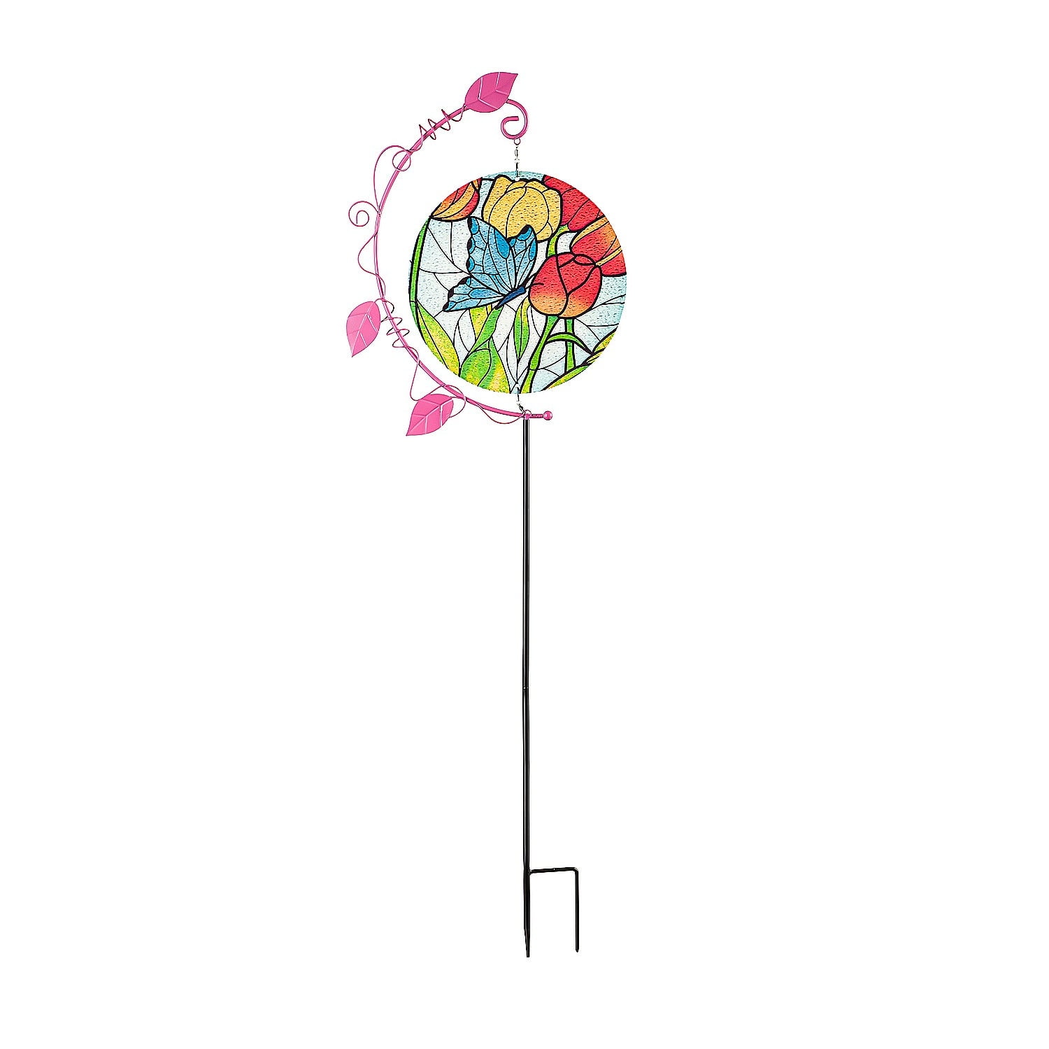 46"H Stained Glass Spinner Garden Stake, Butterfly and Red Tulips