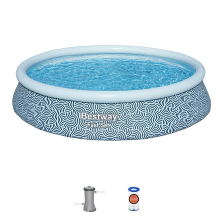 Bestway: Fast Set - 13' x 33" Inflatable Round Pool Set, Blue Abstract, Above Ground Swimming, Fill & Rise, Tritech Construction, Filter Pump, Family