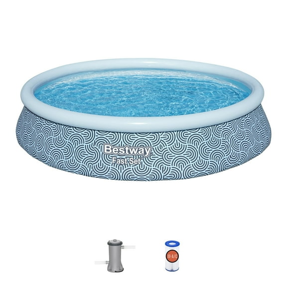 Bestway: Fast Set - 13' x 33" Inflatable Round Pool Set, Blue Abstract, Above Ground Swimming, Fill & Rise, Tritech Construction, Filter Pump, Family