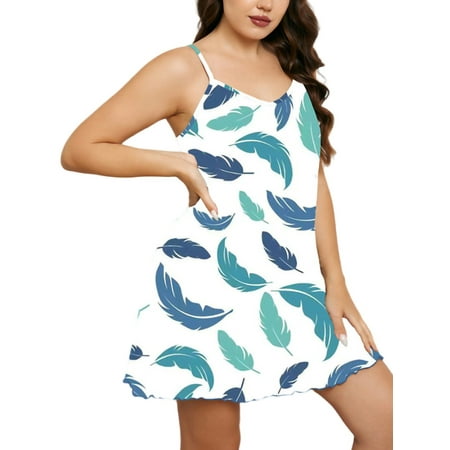 

UKAP Women Sleep Dress Sleeveless Plus Size Nightgowns Floral Print Night Gowns Oversized Sleepwear Nightdress Pajama Feather Print 2XL