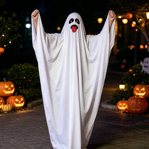 LEKWK Adult Ghost Costume Hooded Cape Full Length Cloak Fancy Dress Cute White Ghost Costumes for Halloween Cosplay Themed Party