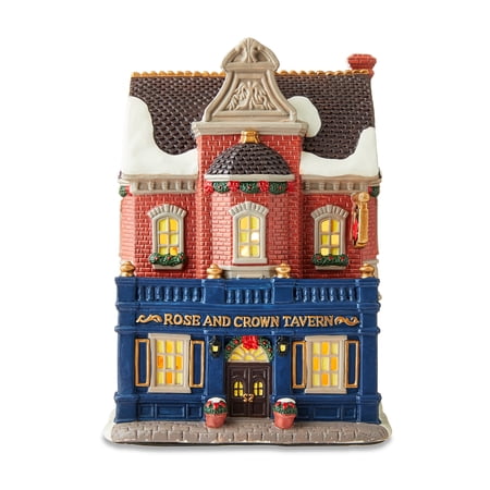 Christmas Village Light-Up Porcelain Rose and Crown Tavern, 9 in, by Holiday Time