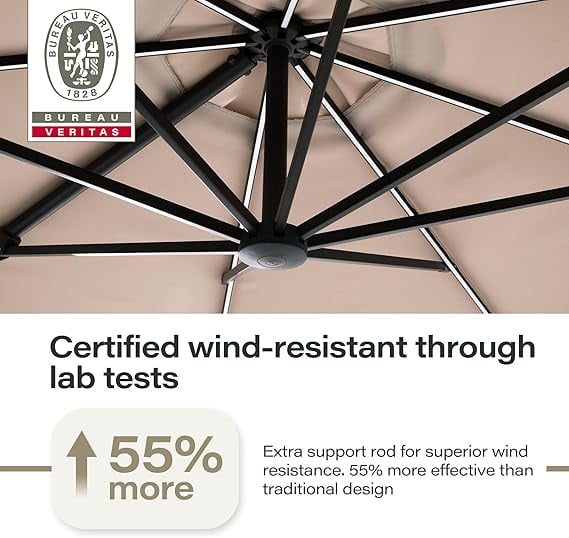 Yardgrace 11FT Patio Umbrella with Lights and Base, Large Offset Cantilever Umbrella with 360°Rotation for Patio, Pool, Garden and Backyard (Champagne)