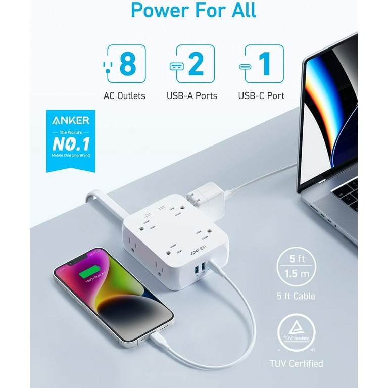 Anker 511 Power Strip With USB C - 30W PD, 2 Outlets & 3 USB Ports, 5ft Cord