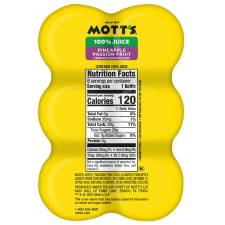MOTT’S 100% PINEAPPLE PASSION FRUIT JUICE BLEND, 8 FL OZ, 6 COUNT BOTTLES