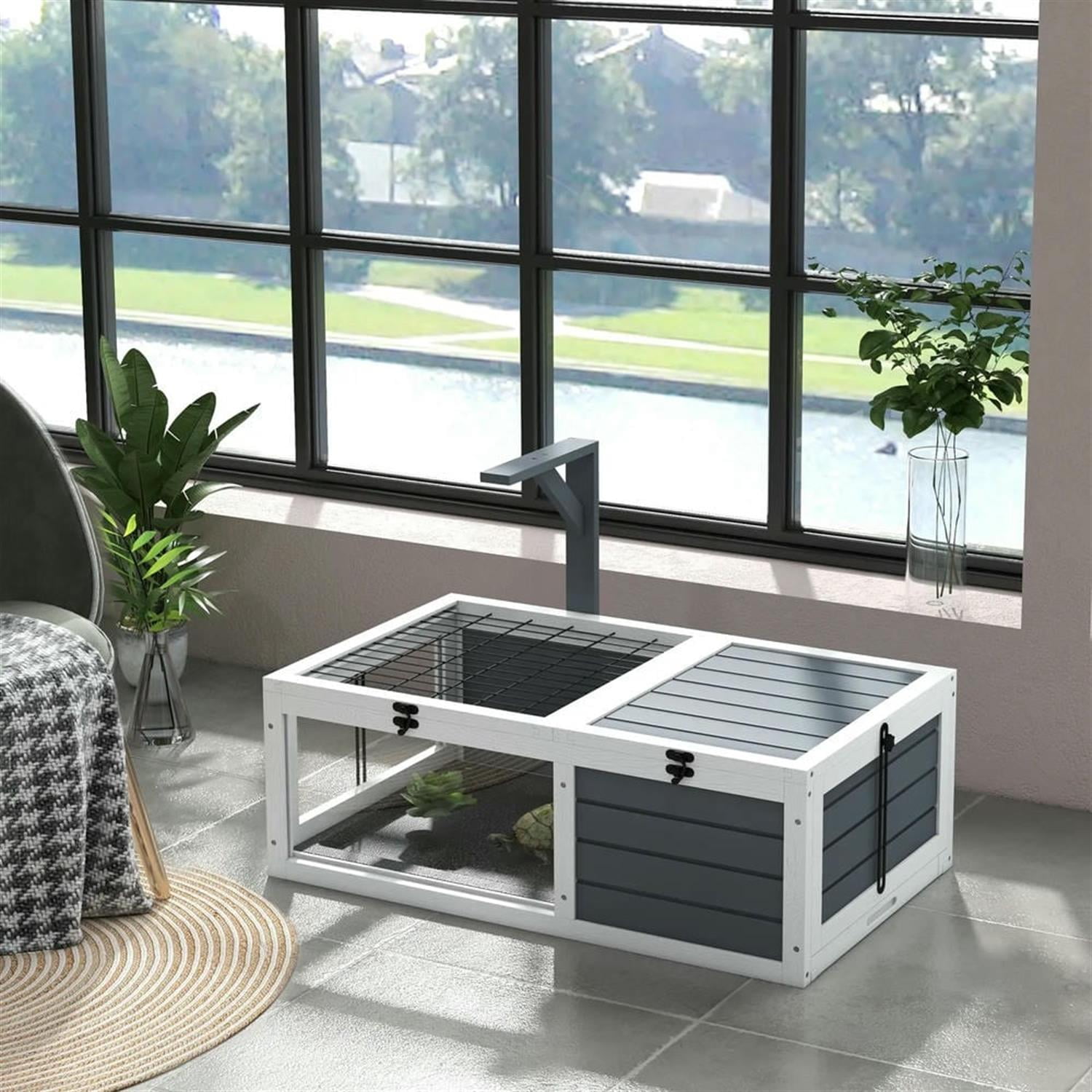 resenkos 32" Wooden Tortoise House with Lamp Holder, Reptile Cage Enclosure for Turtles, Lizards, Snakes, Small Animal Habitats, Gray