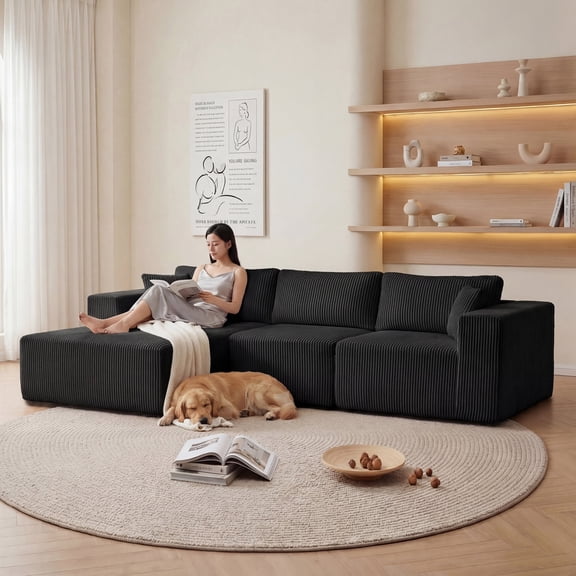 FFZ Cloud Modular Sectional Sofa with L-Shape Chaise and Deep Seat, Corduroy, Black