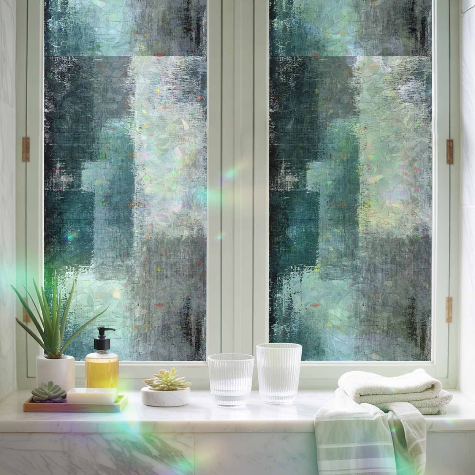 Teal Gray Window Privacy Film Rainbow Static Cling Stain Glass Window Film for Glass Door, Decorative Sunroof Decal Sticker for Car Bathroom 29.5"x78.7" Modern Oil Painted Art Abstract Geometric