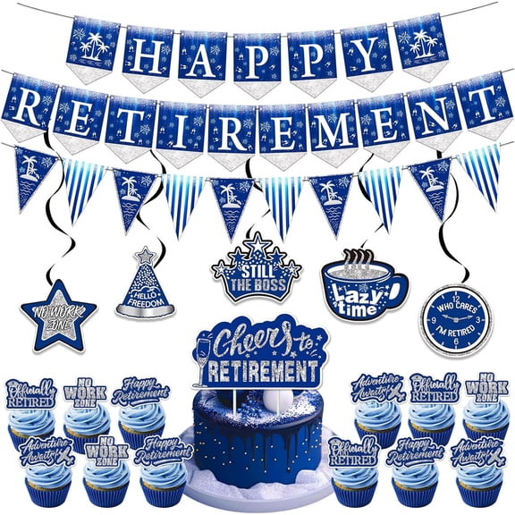 Retirement Party Decorations, Blue Silver Farewell Decor Set for Women Men Coworker Going Away, Happy Retirement Banner, Topper and Hanging Swirls