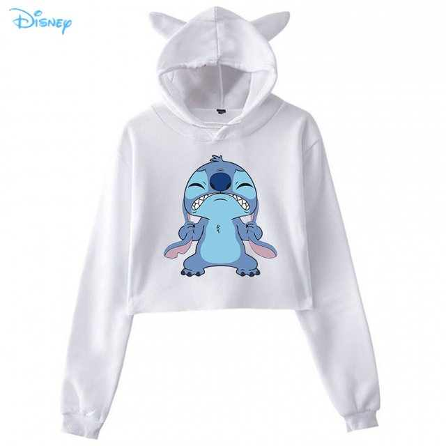 Disney Lilo Stitch Funny Print Hoodies Oversized Streetwear Fashion Cool Black Drawstring Short Crop Hoodie Women Cat Ears HoodXXL Gao Jinjia LED