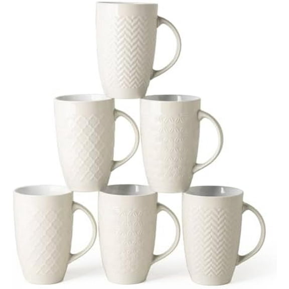 Extra Large Coffee Mugs Set of 6, 20oz Ceramic Tall Coffee Mugs Set with Textured Geometric Patterns for Coffee/Tea/Beer/Hot Cocoa, Dishwasher & Microwave Safe,Beige