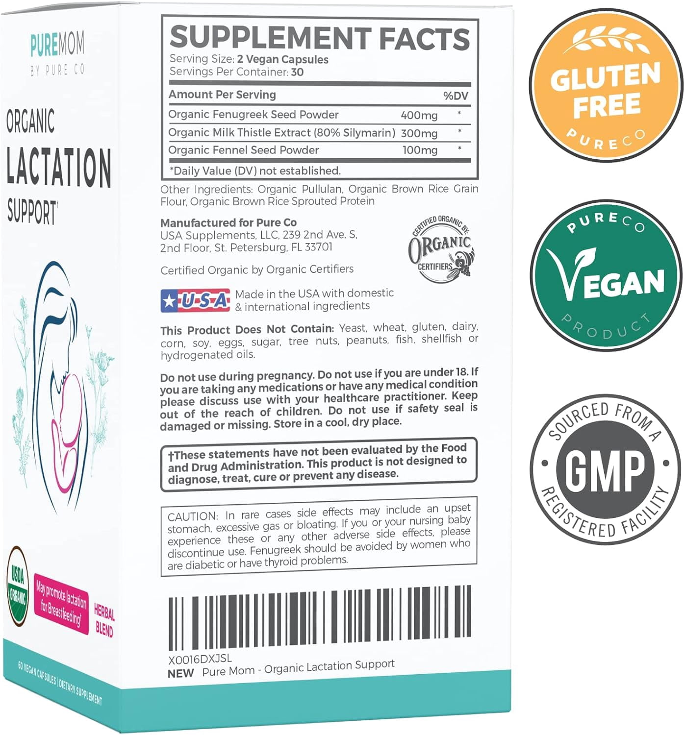 Pure Mom Organic Lactation Supplement with Milk Thistle, Fenugreek Seeds, and Fennel, 60 Capsules
