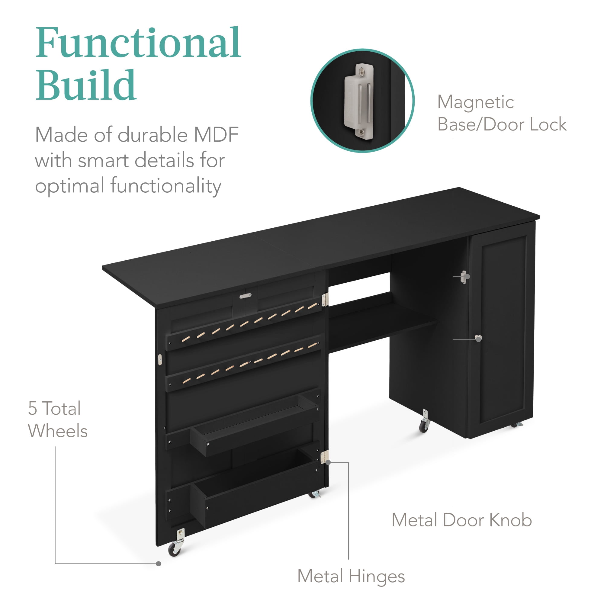 Best Choice Products Large Portable Multipurpose Folding Sewing Table w/ Magnetic Doors, Craft Storage - Black