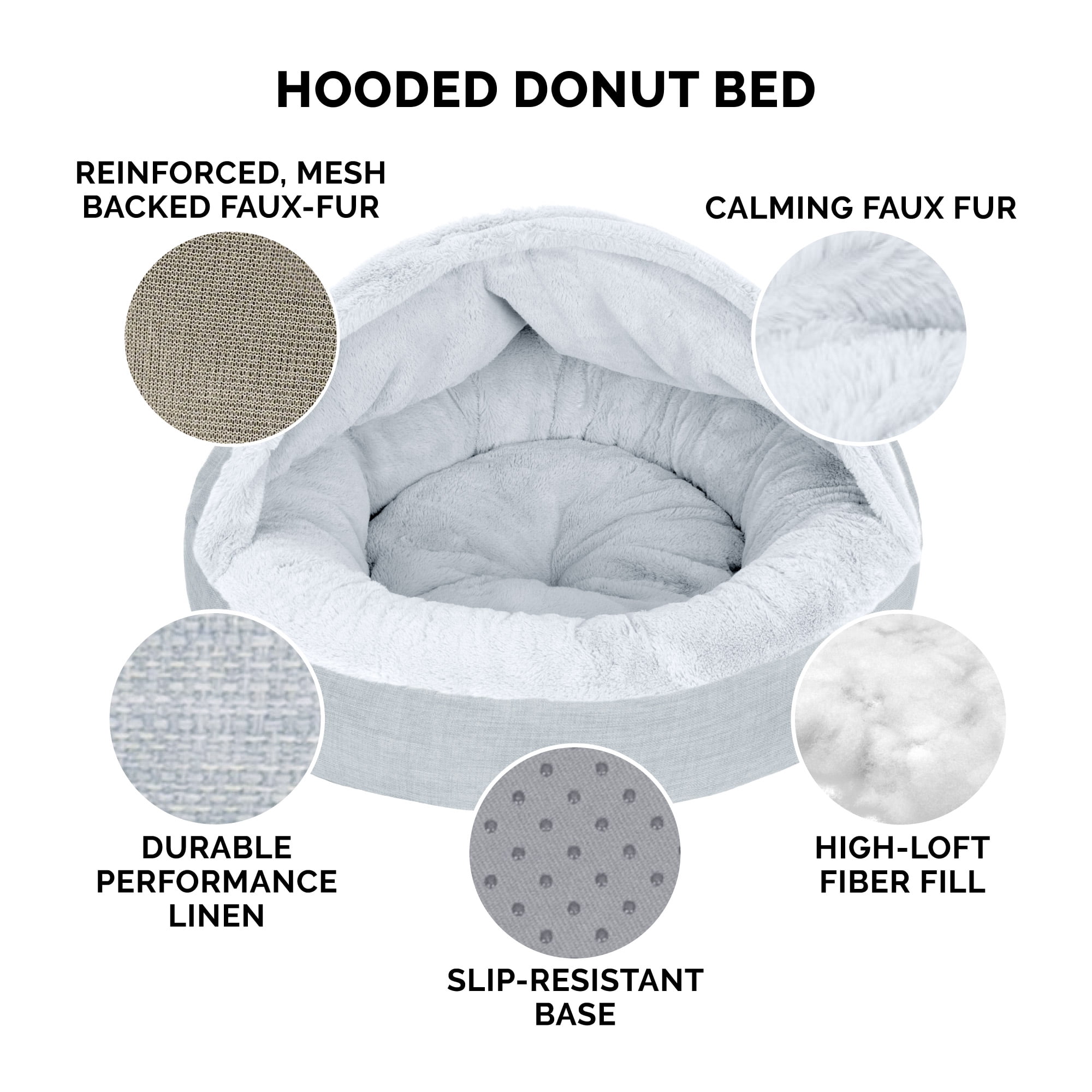 FurHaven Plush & Performance Linen Hooded Donut Pet Bed for Dogs & Cats - Mist Gray, Medium - 27"