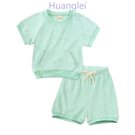 Huanglei Children s Korean Style Children s Fiber Thin Summer Style Short Sleeved Top Boys And Girls Baby Shorts Shorts Outfit Set Size 1-2 Years /Toddler/Green