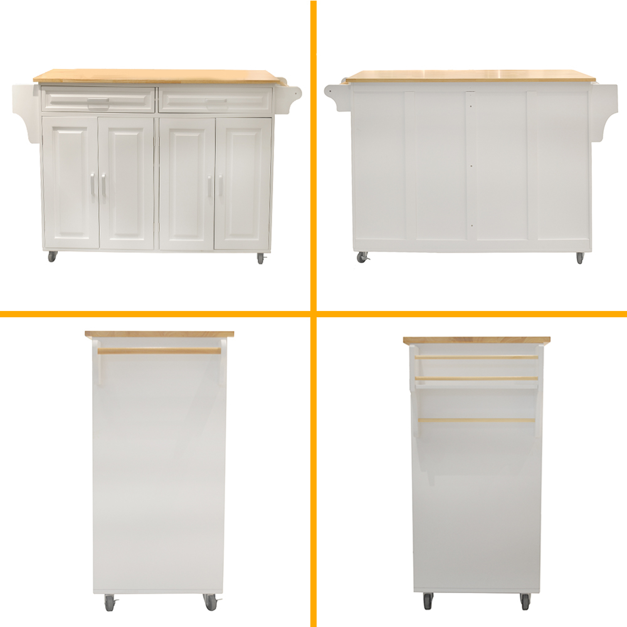 Leumius Kitchen Cart, Mobile Kitchen Island, Rubber Wood Top, Big & Adjustable Shelf Inside Cabinet for Different Utensils, Luxury Design Fits Party at Different for Living Room Kitchen Site White
