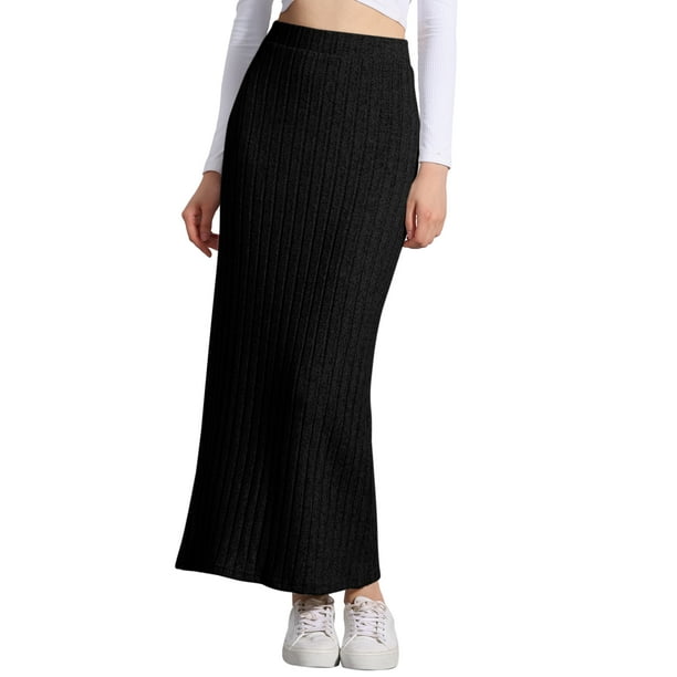 Falda Midi de Punto INSPIRE CHIC para Mujer, Falda Cuerpo Ajustado de Cintura Alta, Color Negro