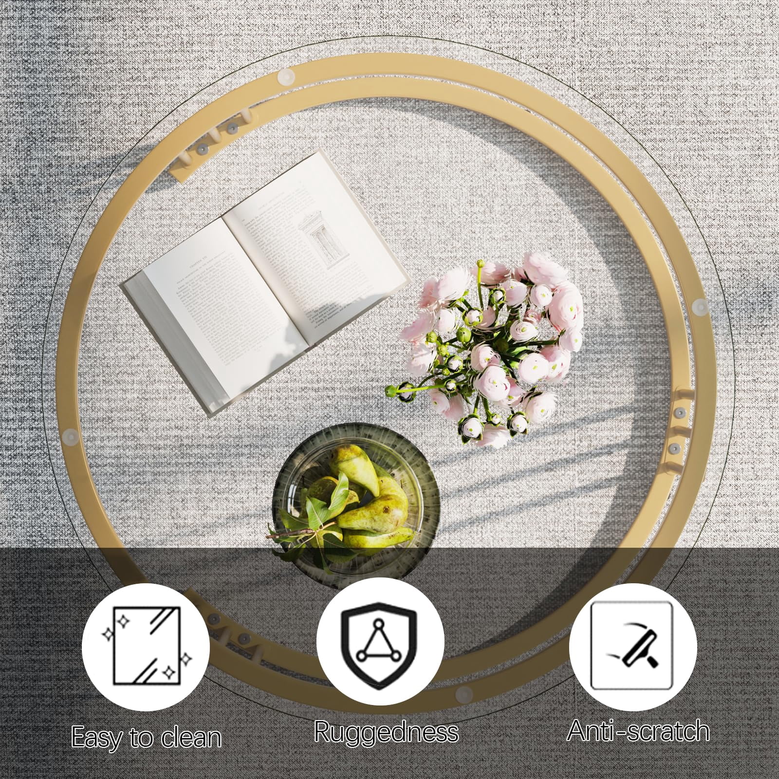 Nesting Coffee Table, 23.6" Round Coffee Table Set of 2, Glass Nesting Table with Metal Frame, Ceter Tables for Living Room Bedroom Balcony, Gold