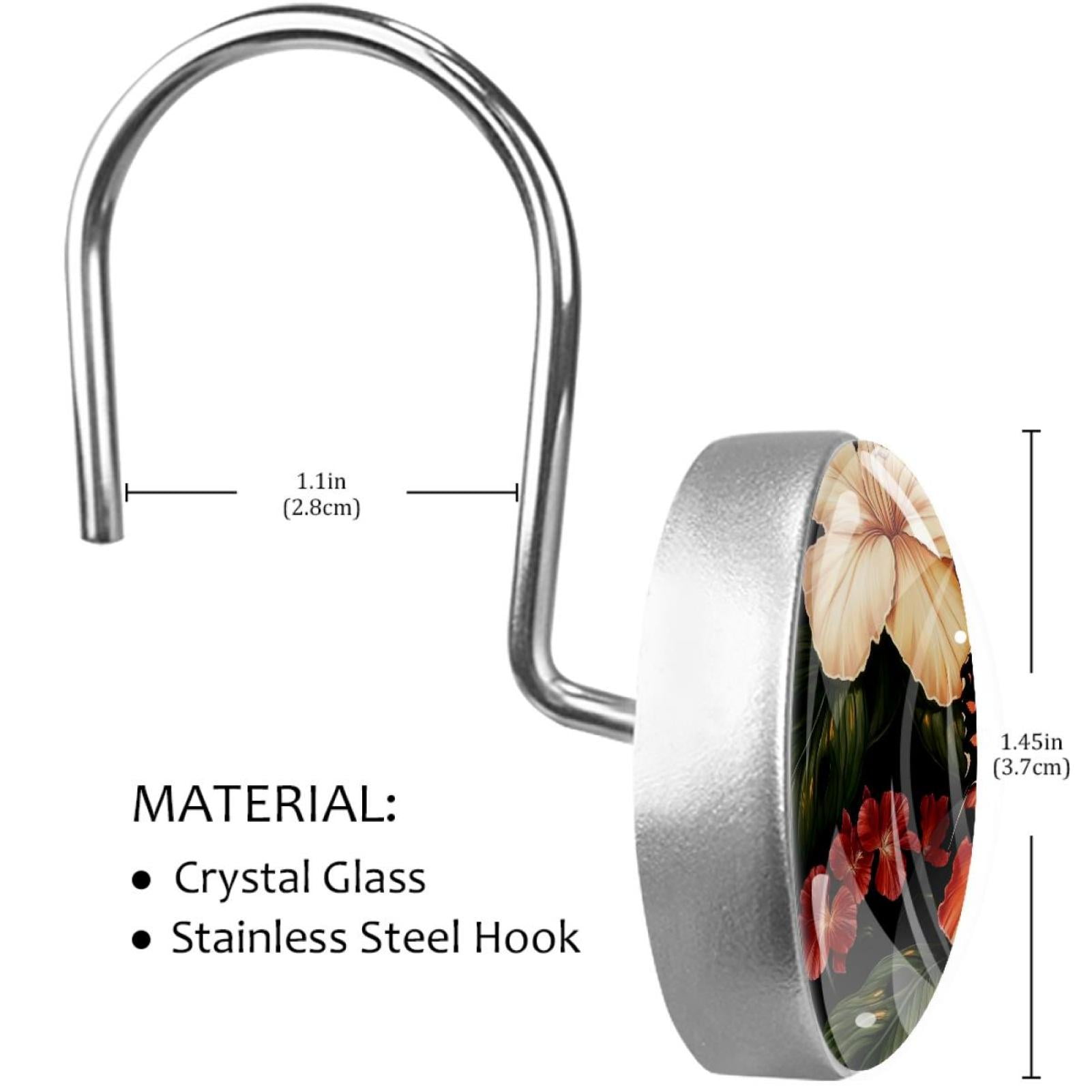 Blue Butterfly on Tropical Hibiscus Leave Shower Curtain Hooks Round Crystal Glass, Set of 12 Shower Curtain Rings - Shower Hooks for Curtain Shower Rings