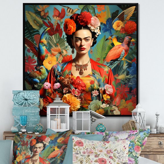 Designart "Frida's Floral Masterpiece Colorful Creations I" People Framed Wall Art - Traditional Red Mexican Art Entryway Framed Wall Art