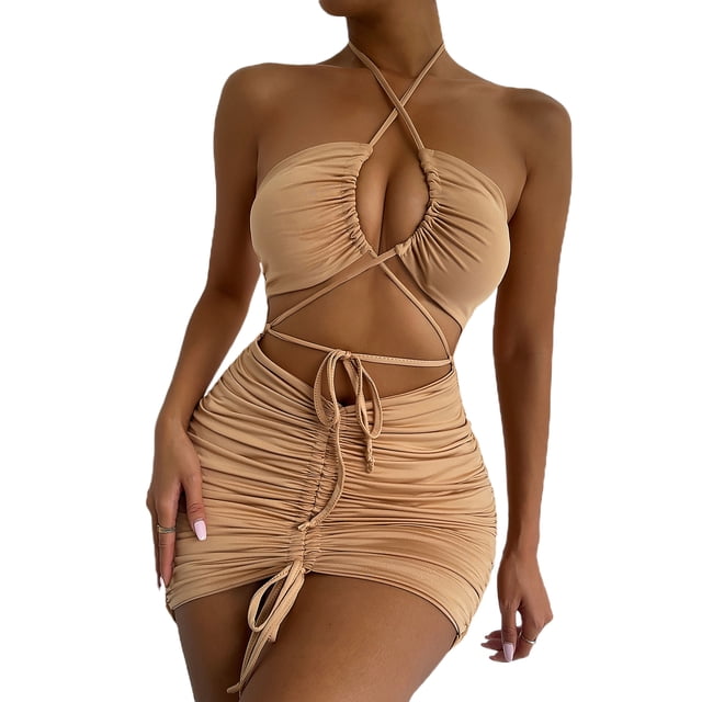 VISgogo Vestido ajustado para mujer, vestido de cadera calado con lazo fruncido y cuello halter cruzado liso, trajes de fiesta cortos ajustados para mujer VISgogo moda