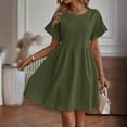 thumbnail image 2 of Daiosportswear Robe d'Été pour Femmes Col Rond Manches Courtes Mélange Coton Lin Ample Couleur Unie Poche Mode Jupe Mini, Robe Manches Courtes Vert Armée G(L), 2 of 7