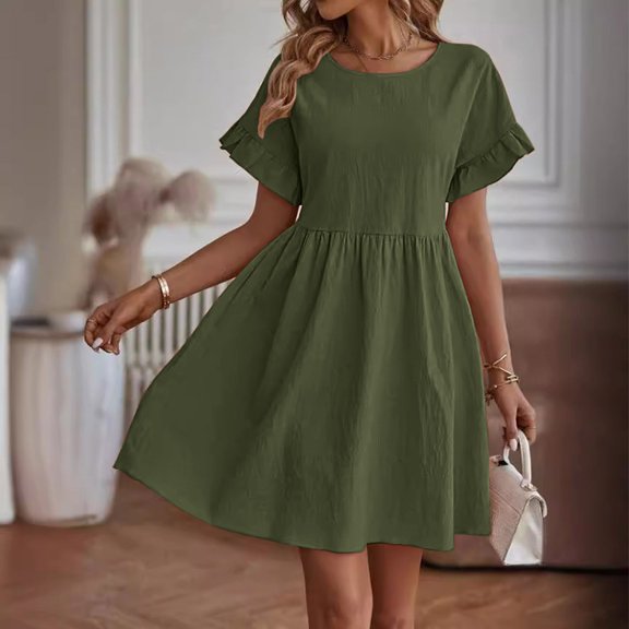 Womens Dress Summer Solid Color Crew Neck Mid-Length Dress Quick Dry Slim Fit Short Sleeve Dresses