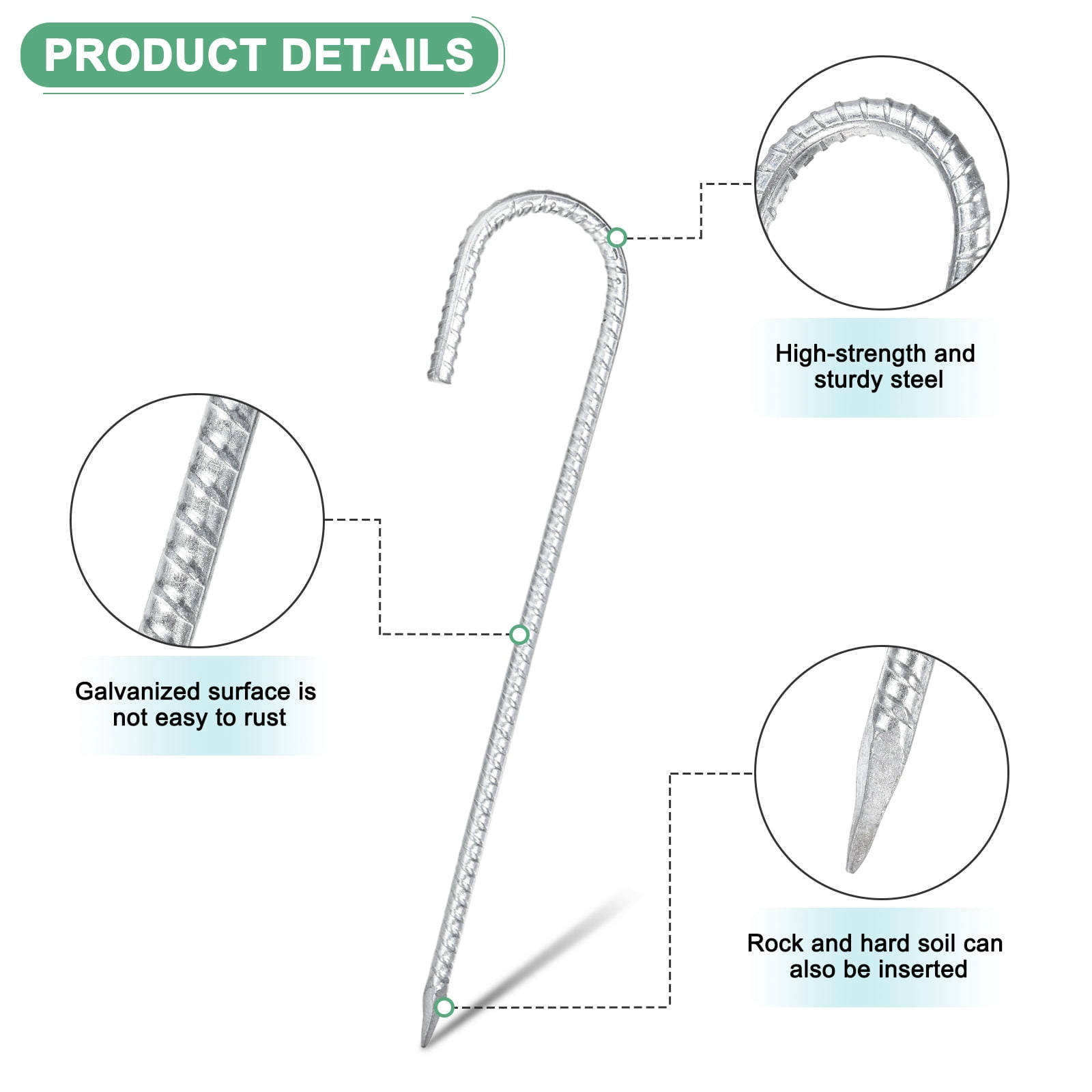 Uxcell 10-Pack J-Shape Hook Ground Stakes 12 Inch Steel Metal Camping Tent Stakes for Swing Sets/Fence Stakes