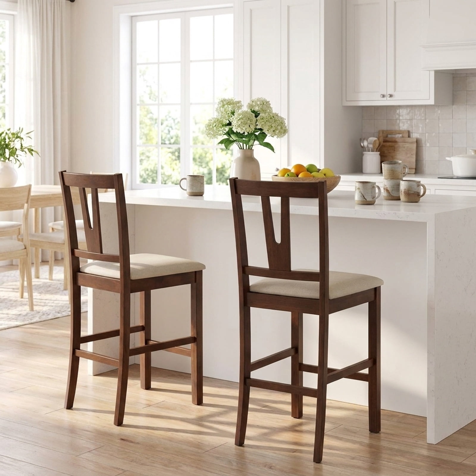 Furnibear Counter Height Bar Stools with Contoured V-Back-Set of 2 for Kitchen Island Counter Bar Pub Dining Home, Walnut