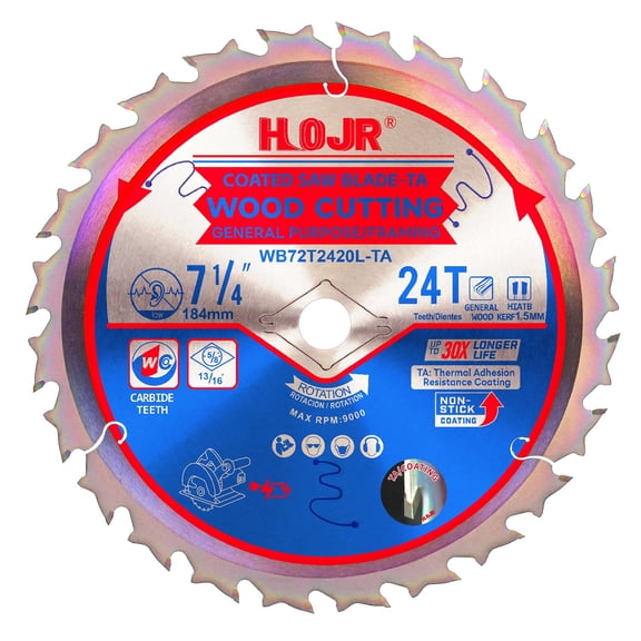 HOJR Circular Saw Blades Woodworking TA Series,7-1/4" 24-Tooth 5/8" Arbor Framing/General Purpose Saw Blade,Special Anti-Thermal Adhesion Coating on Cutting Head -TA, 7-1/4" 24T TA.