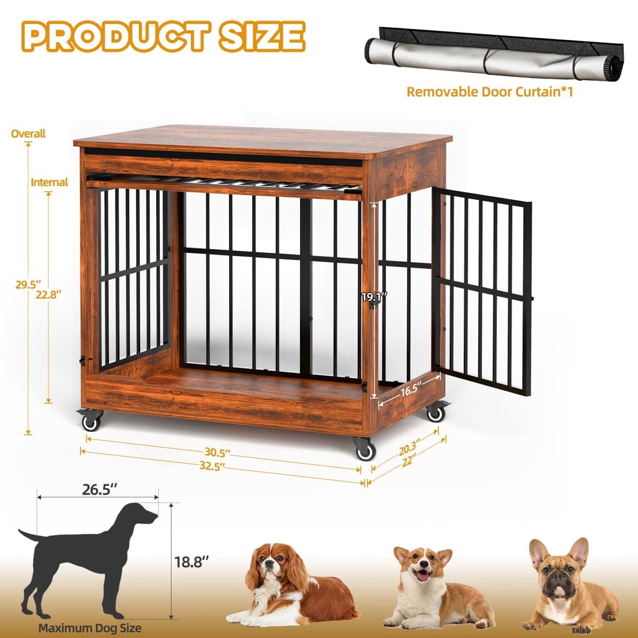 32" Dog Crate Furniture, Wooden Dog Kennel with Double Doors & Wheels, Indoor Dog Cage End Table for Small & Medium Dogs, Furniture Style Pet Crate, Brown
