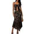 thumbnail image 3 of Women's 2 Piece Outfit Lace Trim Tie Front Camisole Top Maxi Skirts Set Black S, 3 of 10