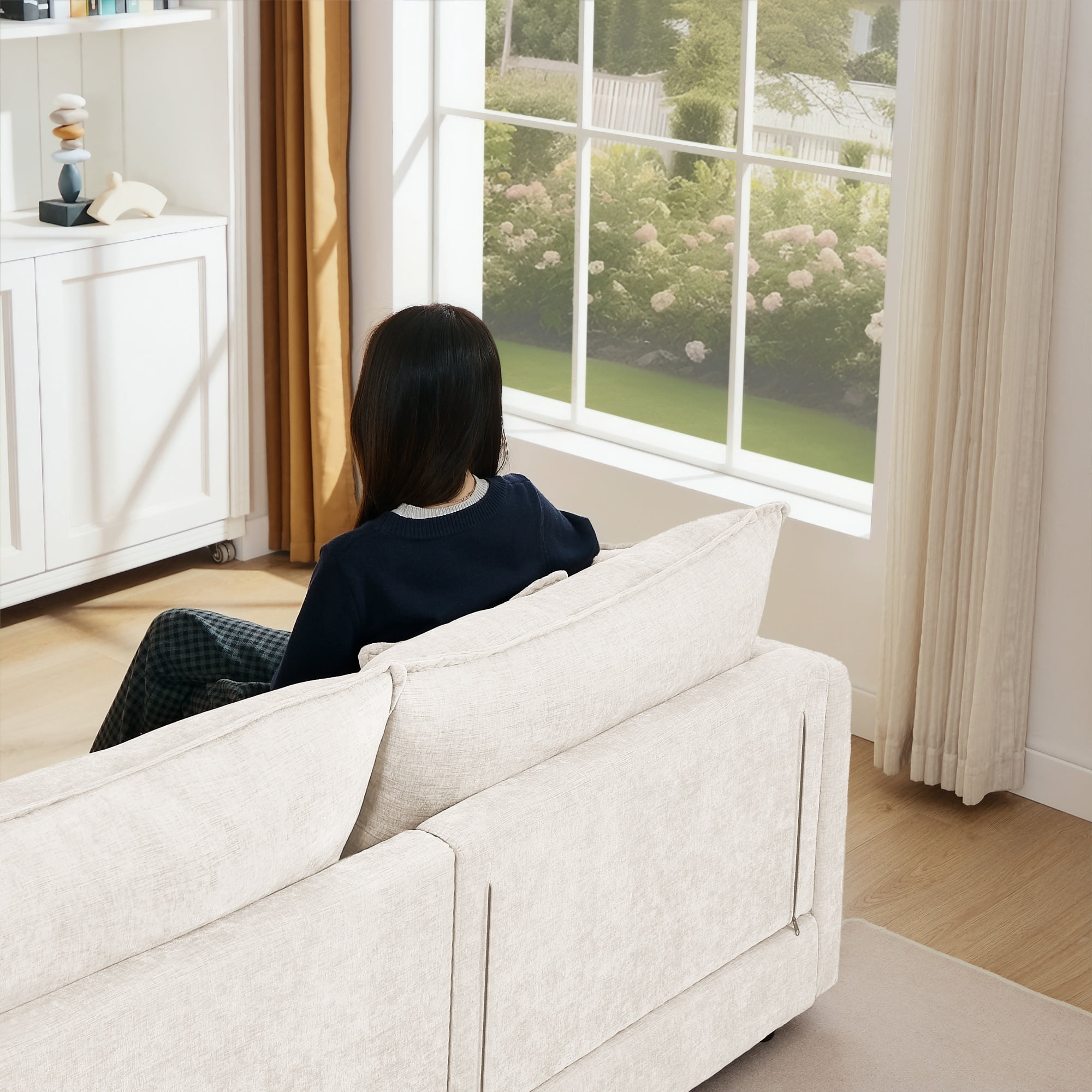 BINBANK Sectional Modular Sofa L Shaped Chenille Fabric Couch with High Supportive & Soft Sponges and Removable Ottoman, Sleeper Comfy Upholstered Furniture for Living Room,3-Seater,Beige