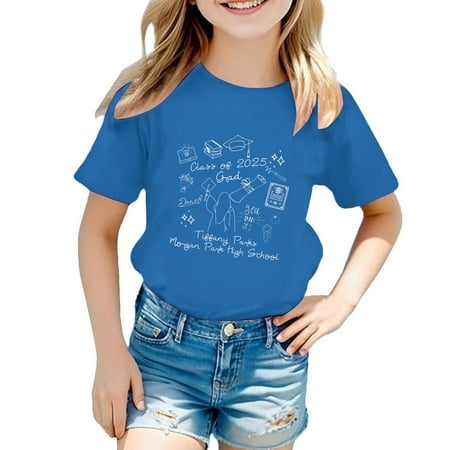 LUOGENLI T-Shirt pour Filles Mode Décontractée pour Enfants Imprimé de Collation des Grades Col Rond Manches Courtes T-Shirt (3 13 Ans) pour Filles Entraînement Bleu 3-4 Ans