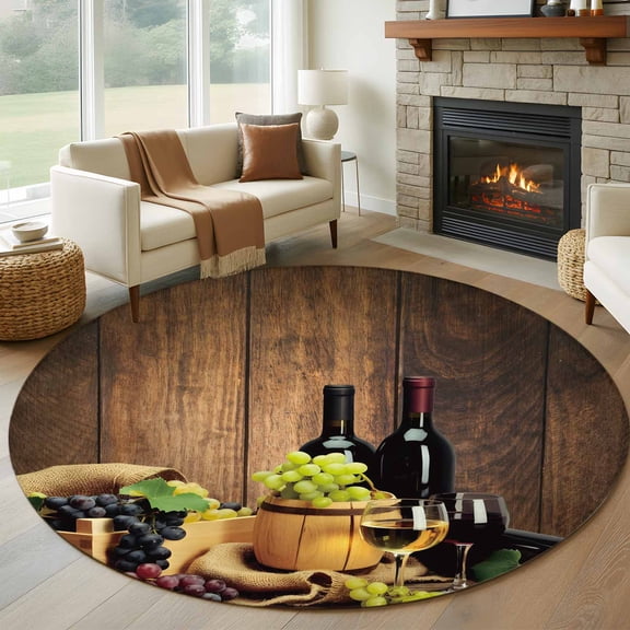 Red Wines Round Area Rug 8Ft Washable Large Circle Rugs for Living Room Dorm, Champagne Grapes Galsses Country Wooden Plank Non-Slip Carpet Floor Mats Indoor Outdoor Carpet Runner Home Decor
