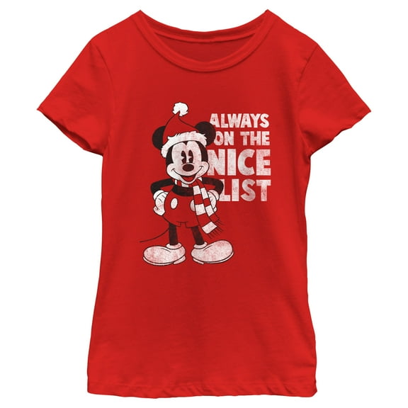 Girl's Mickey & Friends Christmas Always on the Nice List Mickey Graphic Tee Red X Small